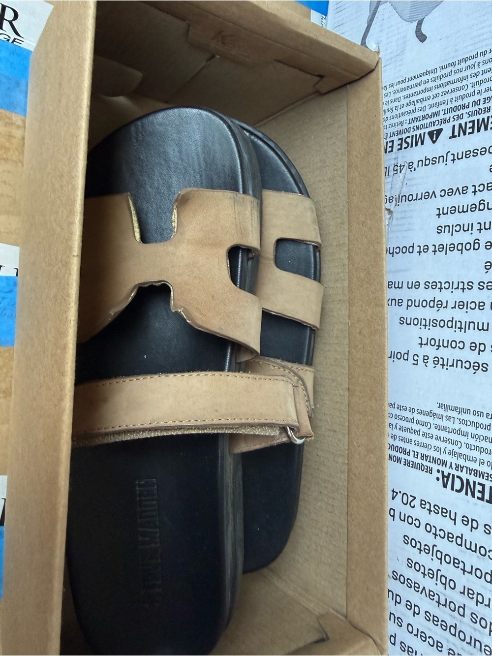 Steve Madden Women's Tan and Black Slide Sandals